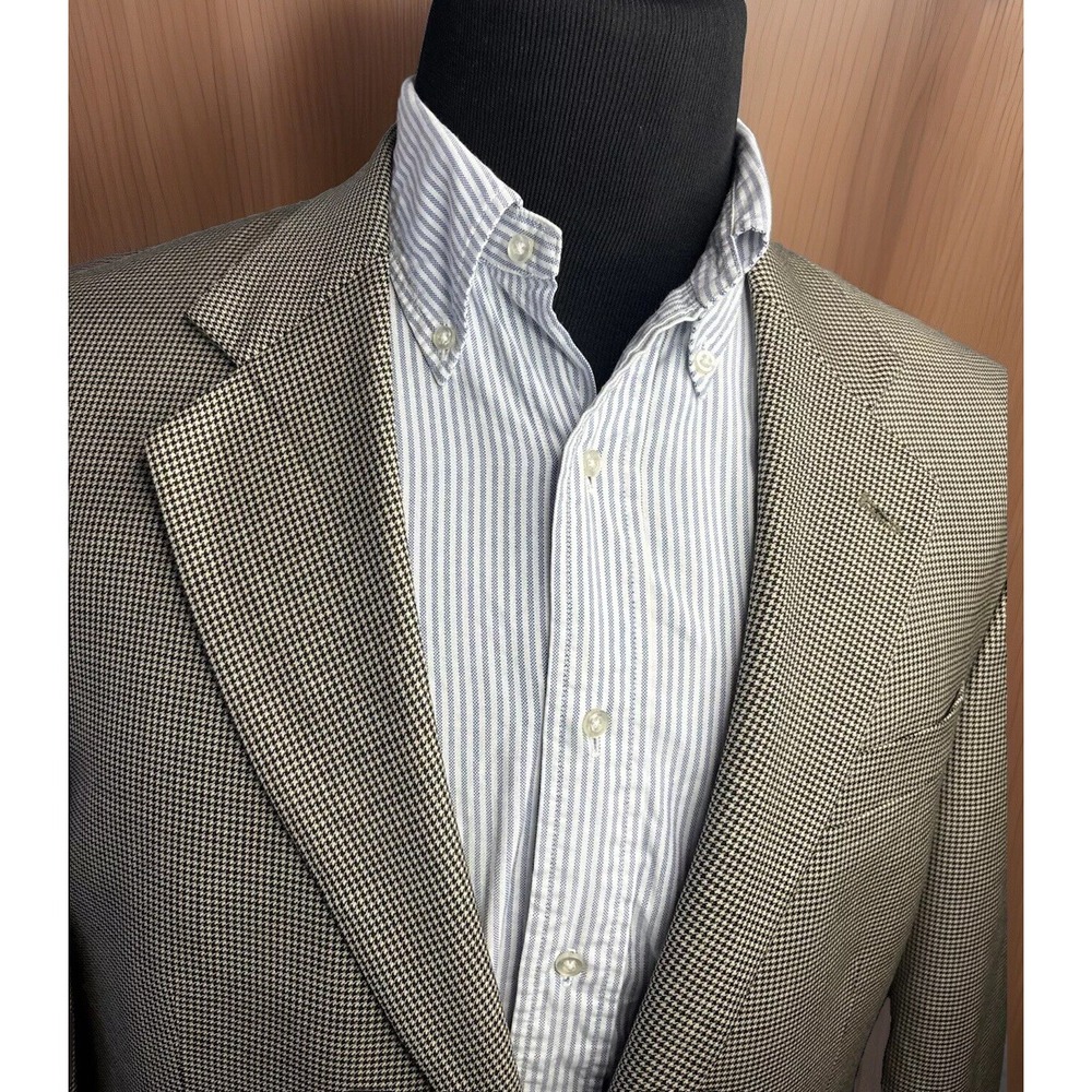 Vintage Wool Houndstooth Sport Coat 44L Brown Blazer Classic Jacket Two-Button